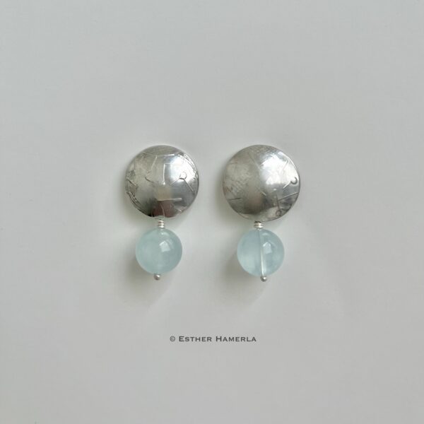 boucles d'oreilles aigue-marine aquamarin ohrringe argent structure texture gravure Esther Hamerla